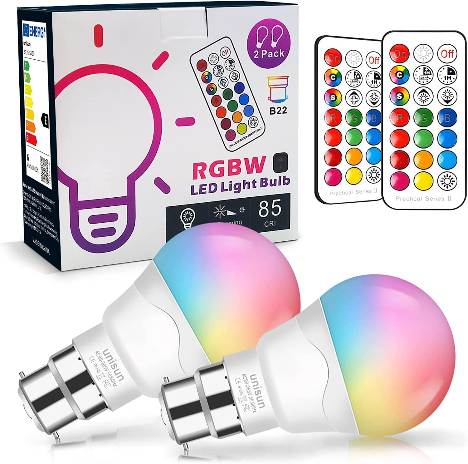 Unisun B22 Light Bulbs 6W (Equivalent to 40W) LED Colour Changing Light Bulbs with Remote Control Dimmable Warm White Bayonet Night Lights for Home Bar Party Pub Mood Lighting Pack of 2