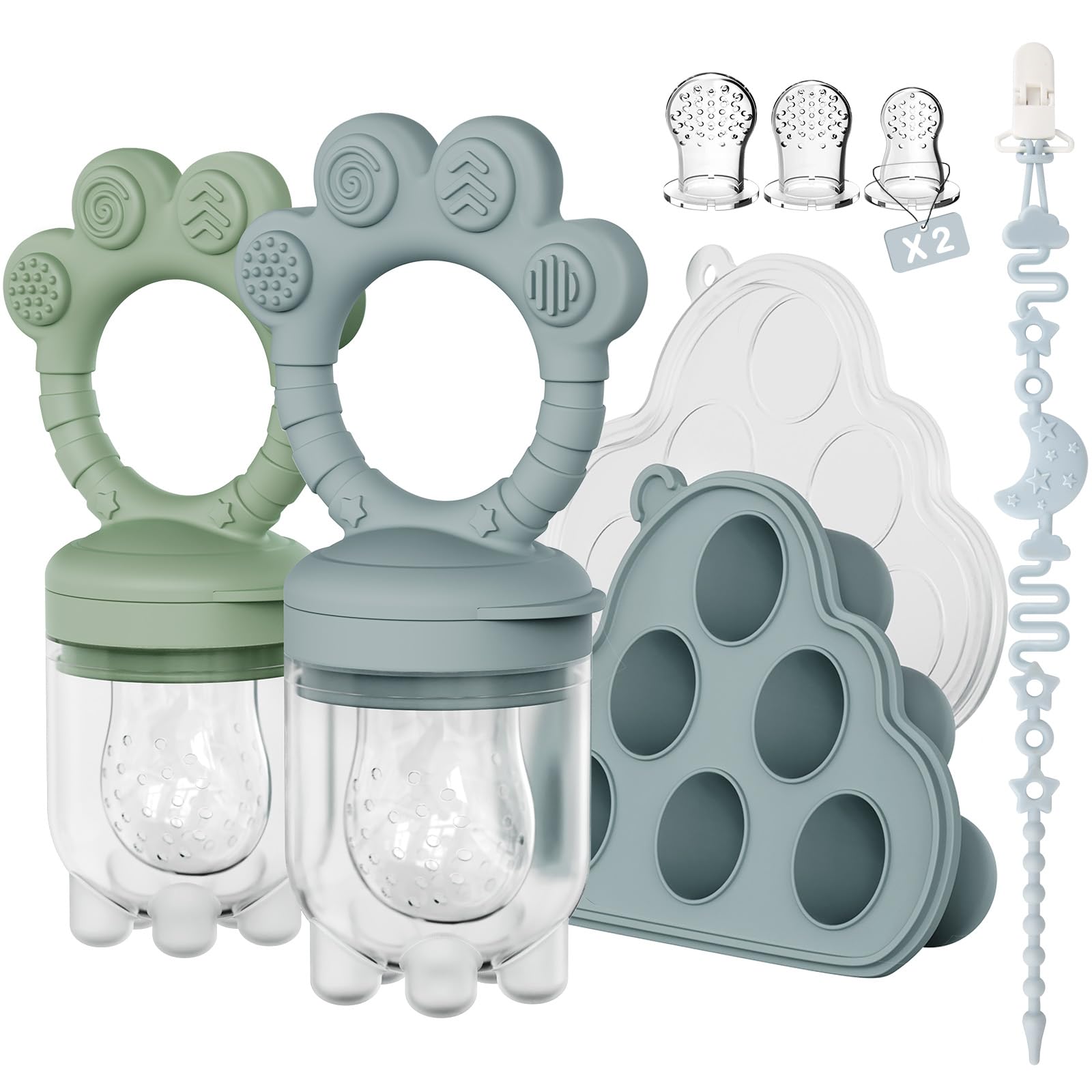 Photo 1 of 2 Pack Baby Fruit Food Feeder + Breastmilk Popsicle Molds,Baby Teethers,BPA Free,3 Sizes,2mm Fine Holes to Prevent Choking,Perfect for Teething Relief & Infant Solid Food Introduction,3 M+(Ether/Sage)
