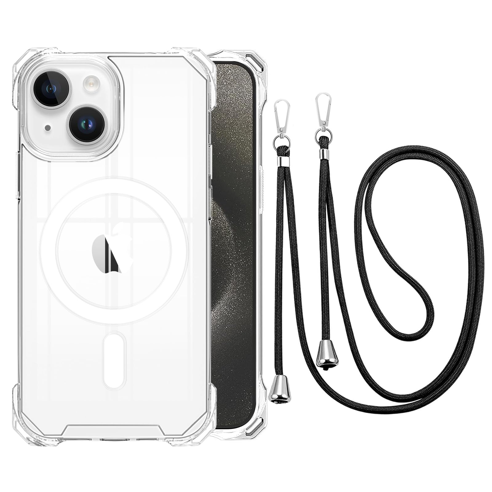 CAROKI Crossbody Lanyard Case for iPhone 14, Ultra Clear Hard Back Magnetic Case Compatible with MagSafe 4 Corners Bumper with Strap Adjustable Neck Cord Necklace Cover for iPhone 14-Clear