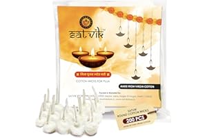 CRAFTSMAN SATVIK 200 Pcs Handmade Round Cotton Wicks for Puja Pooja Jyot Batti for Oil Lamp Diya for Diwali Deepawali Diya. Ideal for Brass, Kuber Clay Diya for Home Mandir Temple