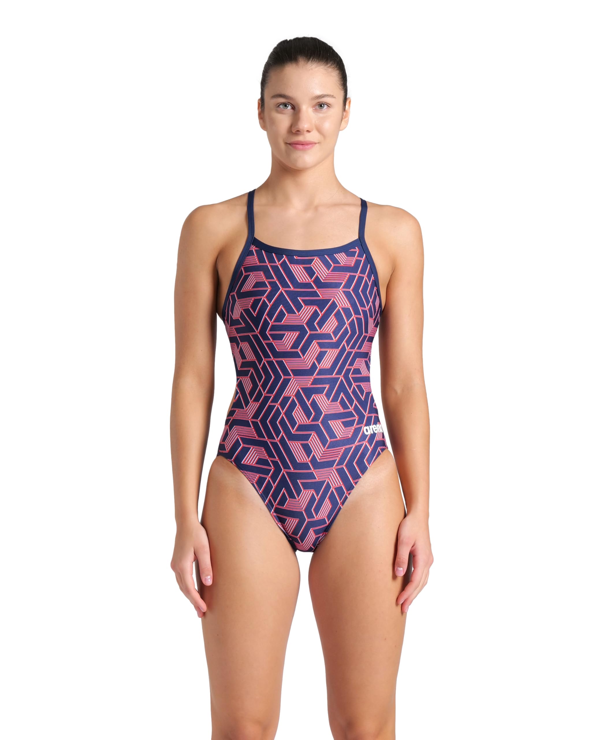 ARENA Women’s Escape Team Print MaxLife Swimsuit Challenge Back One Piece Ladies Bathing Suit Competition Training Athletic Swimwear, Navy/Team Red White Blue, US Size 24