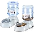 Flexzion Automatic Pet Feeder & Waterer Set of 2 Pack, Self Feeding Replenish Dog Cat Bowls, Gravity Food & Water Storage Container Fountain Jug Pet Supplies Plastic Skid Proof Rubber Feet (1 Gallon)