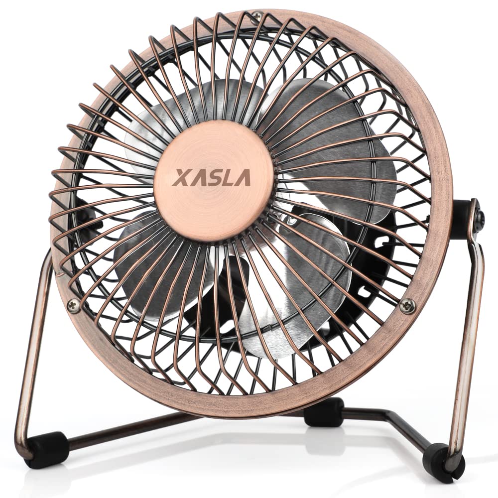 xasla 4 Inch Small USB Desk Fan, Mini Quiet Fan with Metal Construction & Strong Airflow & 360°Adjustable Tilt Angle, Personal Cooling Fan for Desktop Office (Bronze)