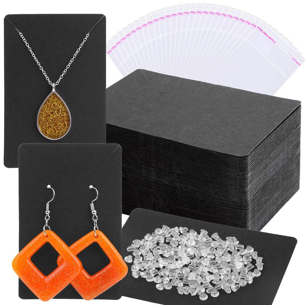 Anezus Earring Display Cards with Bags and Backs for Jewelry Packaging - Black