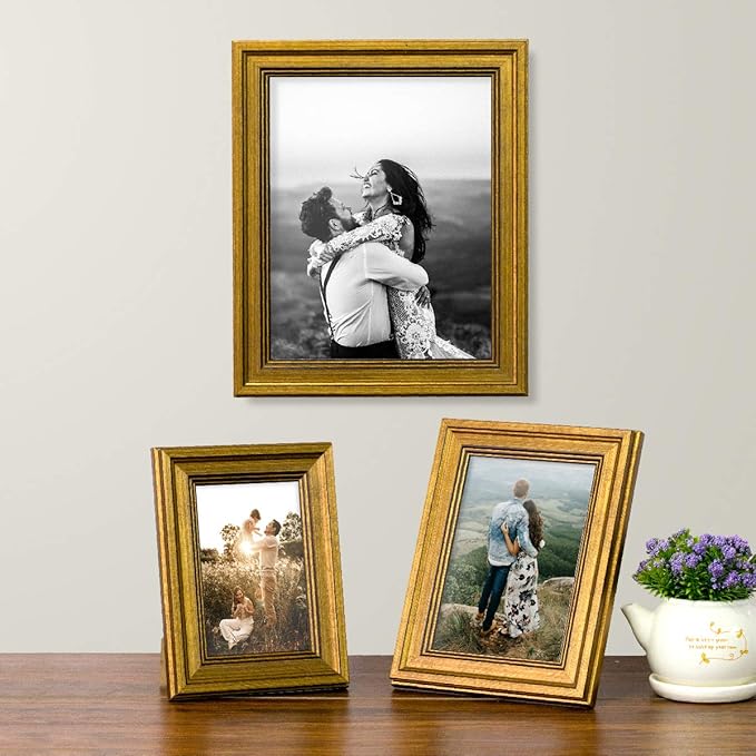 Art Street Golden Set of 3 Photo Frames for Table Top Display and Wall