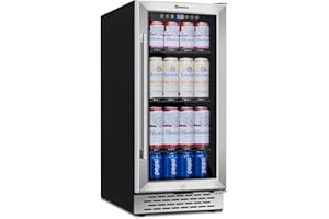 COLOZO 15 Inch Beverage Refrigerator Under Counter, Small Beverage Fridge with Glass Stainless Steel Door&Lock,130 Cans Beverage Cooler For Home, Built-in/Freestanding Mini Fridge for Beer Soda Wine Water