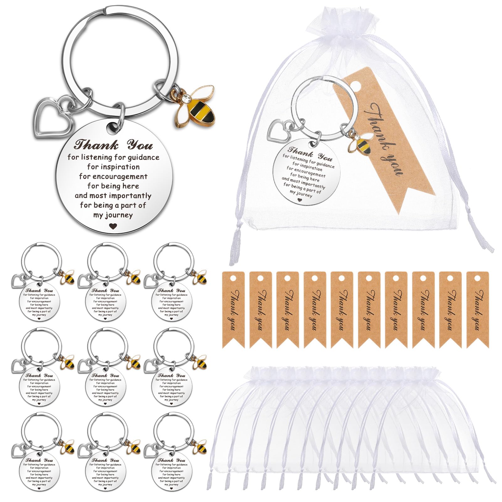 Partideal 10 Sets Thank You Keychains with 10 Pcs Organza Bags and Thank You Cards Appreciation Gifts for Teacher Friend Employee Nurse