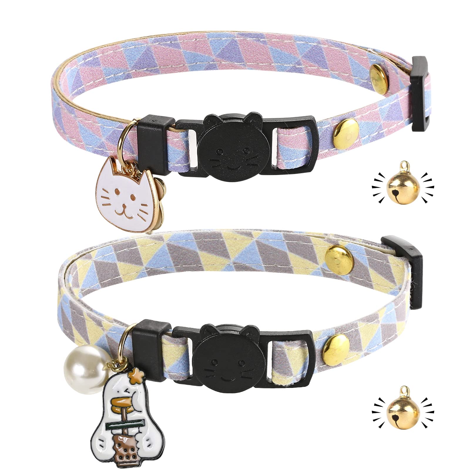 Gienxias Cat Collar Quick Release, Breakable Kitten Collar with Gold Balls, Hand Made Leather Cat Collars, Japanese Design, Adjustable Collar for Girl Boy Male Female Cat 2 Pack (Duck & Cat Charm)