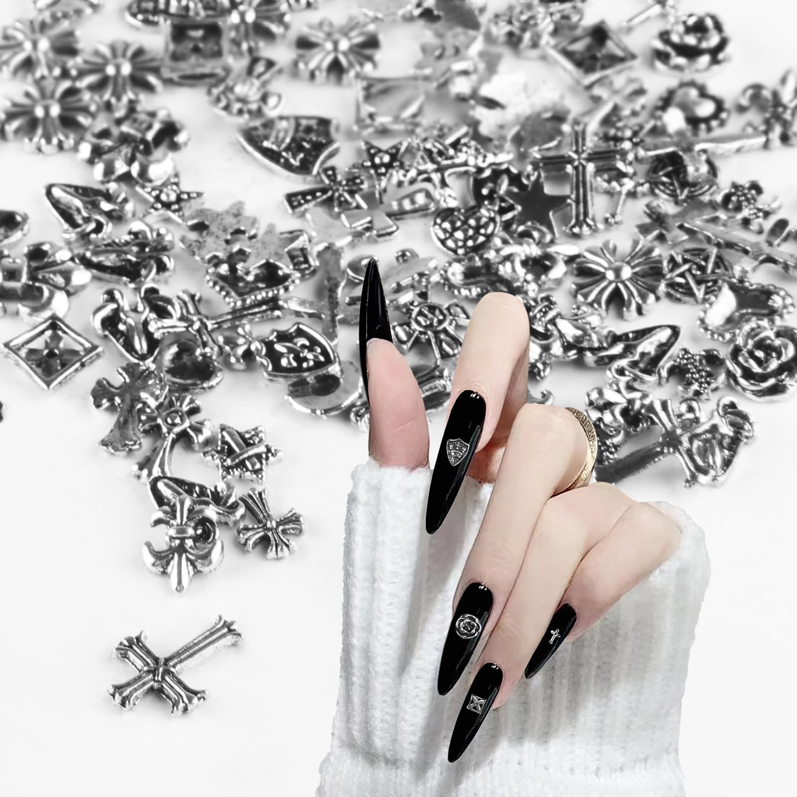 100Pcs Nail Charms Metal Punk Retro Cross Mixed Shape 3D Y2k Art Rivet Accessories Valentine's Day Jewels Decoration for Women Girls Nail Face Decoration Makeup Ornaments DIY Design Gothic Rose
