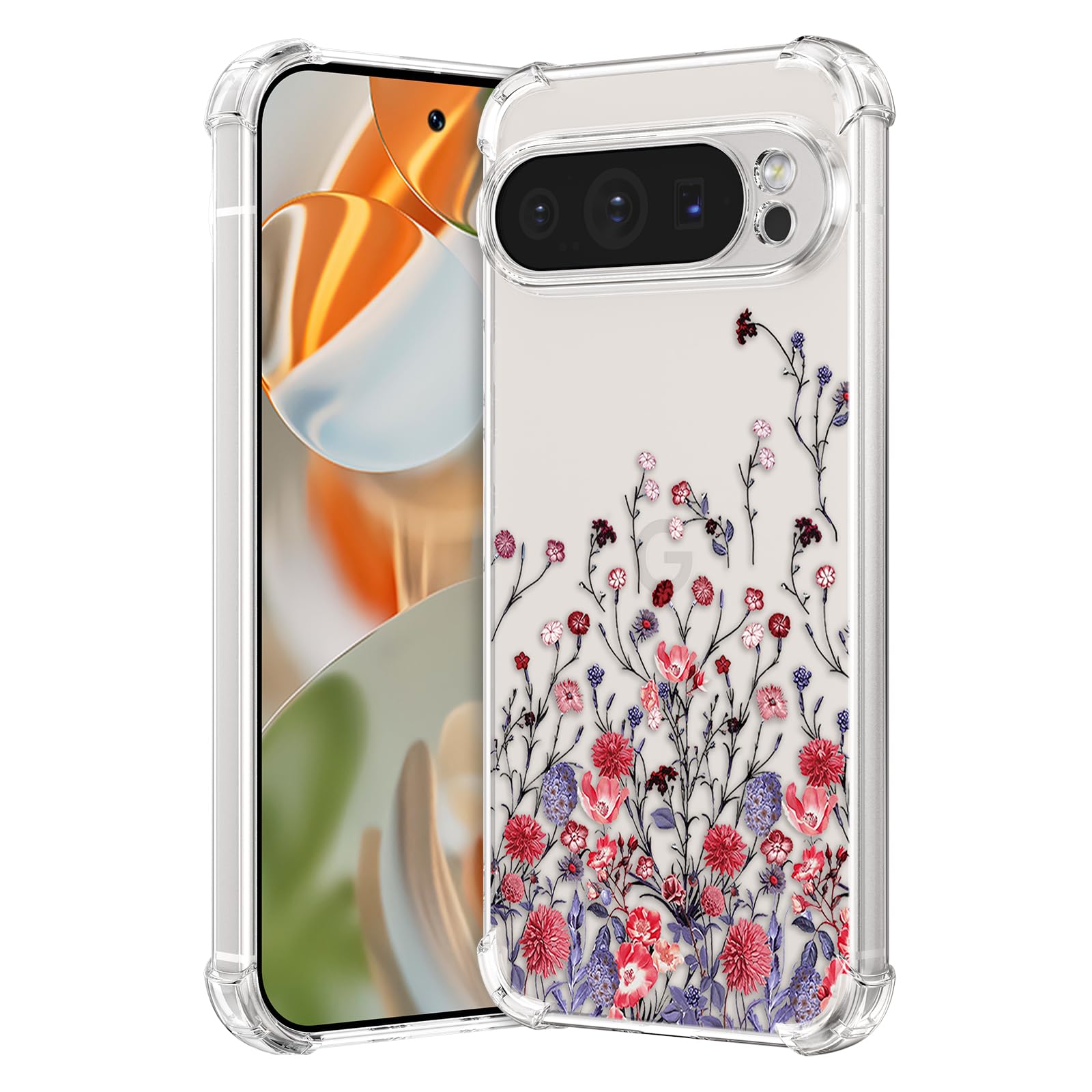 RALEAVO Compatible with Google Pixel 9 Pro XL Clear Floral Case Girly Soft Slim Bumper Case with Flower Pattern for Pixel 9 Pro XL-Red Flower