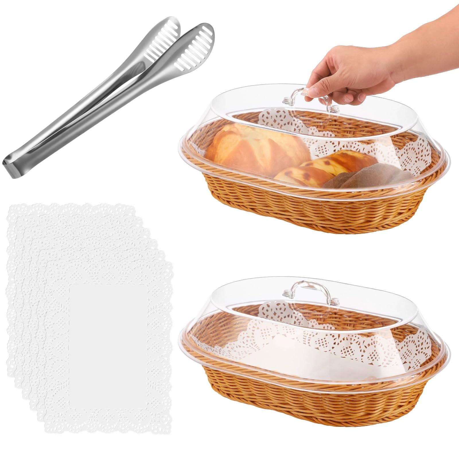 Photo 1 of 2 Pack Large Wicker Bread Basket with Lid, 15.7''×11.8'' Rectangular Plastic Imitation Rattan Woven Serving Basket with Stainless Steel Tong?50 Paper Liners for Food Baking Display