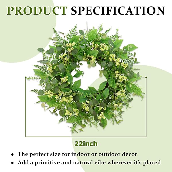 GREEN EUCALYPTUS WREATHS FOR FRONT DOOR,22 INCH ARTIFICIAL SPRING SUMMER WINTER WREATH WITH GREEN BERRIES,EUCALYPTUS LEAVES FOR INDOOR OUTDOOR WALL PORCH FESTIVAL FARMHOUSE HOME HOLIDAY DECOR.