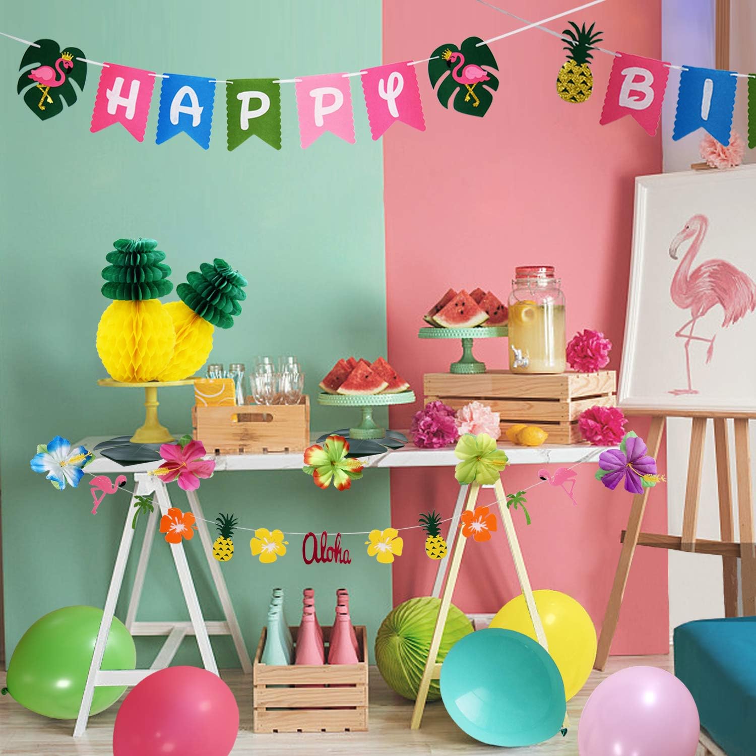 THAWAY Hawaiian Flamingo Pineapple Decor Luau Party Supplies Birthday Decorations includes Birthday Banner, Artificial Tropical Palm Leaves, Hibiscus Flowers, Tissue Paper Pineapples, Party Balloons: Toys & Games