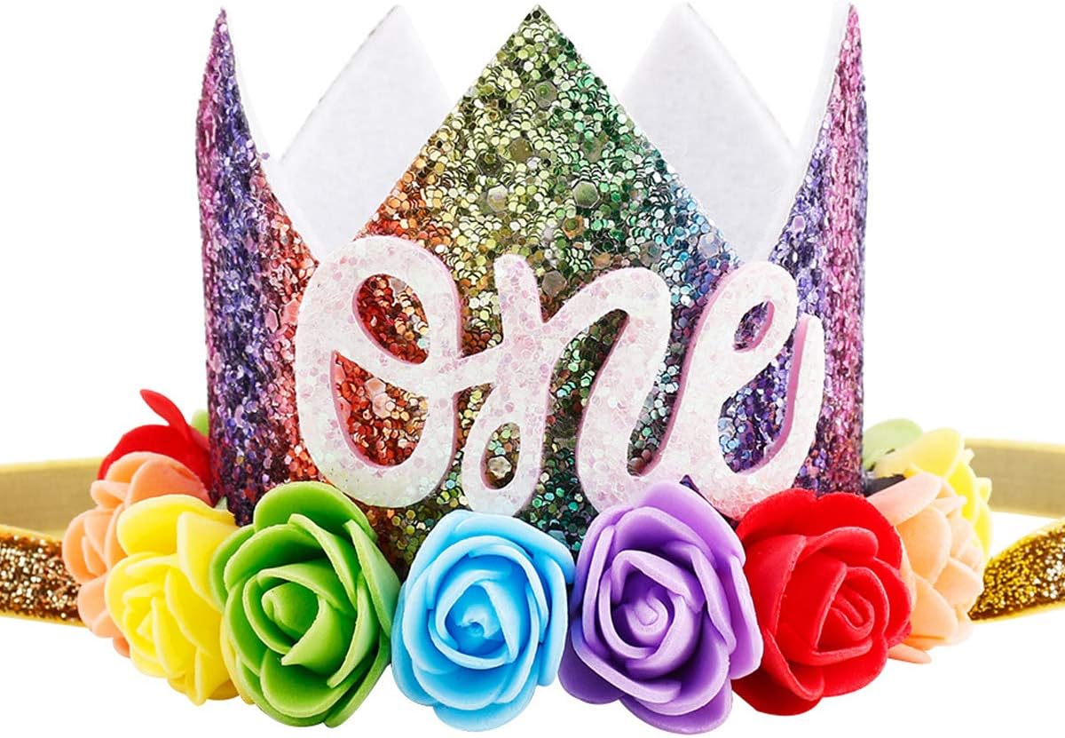 CelebrisCelebris Baby Girl Glitter 1 2 3 First Birthday Rainbow Flower Crown Hat Floral Tiara Headband for Photo Prop (Letter One)