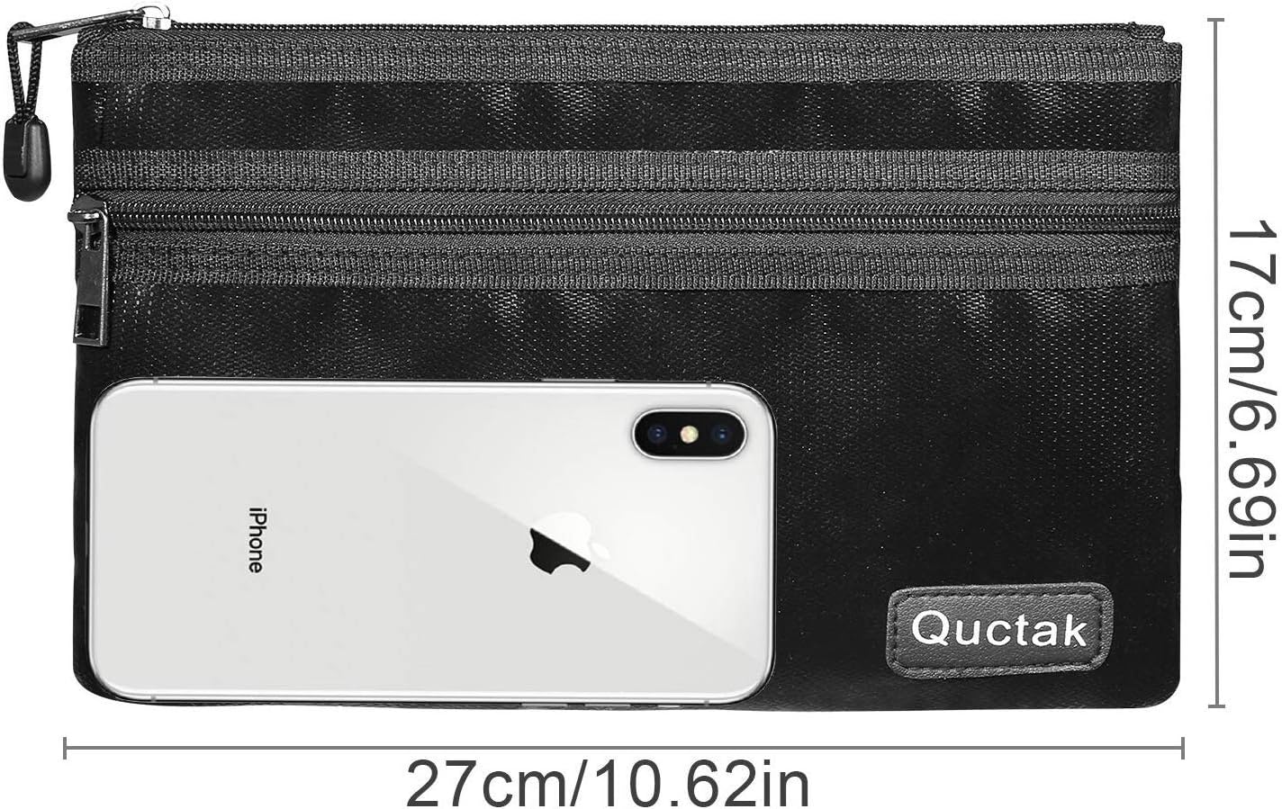 Fireproof Money Bag Two Pockets Two Zippers,Quctak Fireproof Safe Bag 10.6"x6.7" Waterproof and Fireproof Cash Bag Money Safe Pouch Storage for A5 Bank Deposit,Passport,Jewelry (1 Layer Protection): Office Products