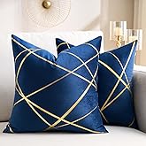 Navy Blue Velvet Throw Pillow Covers 18x18 Set of 2 Modern Luxury Gold Foil Geometric Pattern Pillow Covers Soft Decorative Square Cushion Covers Modern Home Decor for Sofa Couch Bedroom Car