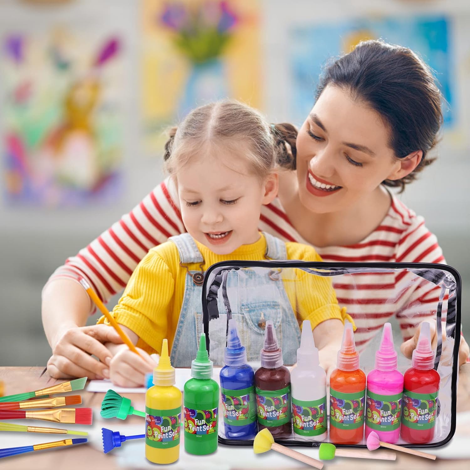 Early Learning Kids Paint Set, Twinbuys Washable Paint Set with Assorted Sponge Paint Brushes for Kids, Including 8 Finger Paint for Toddlers: Arts, Crafts & Sewing