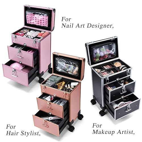 Adazzo Professional Rolling Makeup Train Case with Drawers, Large