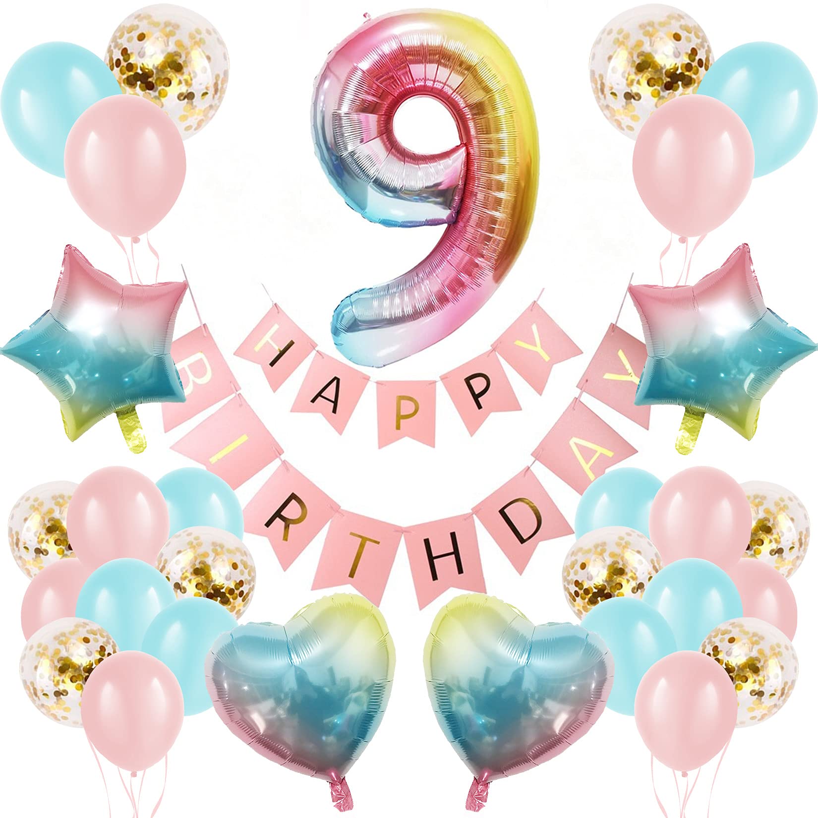 9th Birthday Decorations for Girls Boys, Number 9 Balloon, Happy Birthday Banner, Gradient color Age 9 Birthday Balloons, Large Digital Balloon 9 for Great Baby Shower, Birthday, Anniversary
