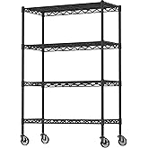 Soywey 4-Shelf Adjustable Heavy Duty Storage Shelving Unit on 4 Wheel Casters, Metal Organizer Wire Rack for Laundry Bathroom Kitchen Pantry Closet, Black
