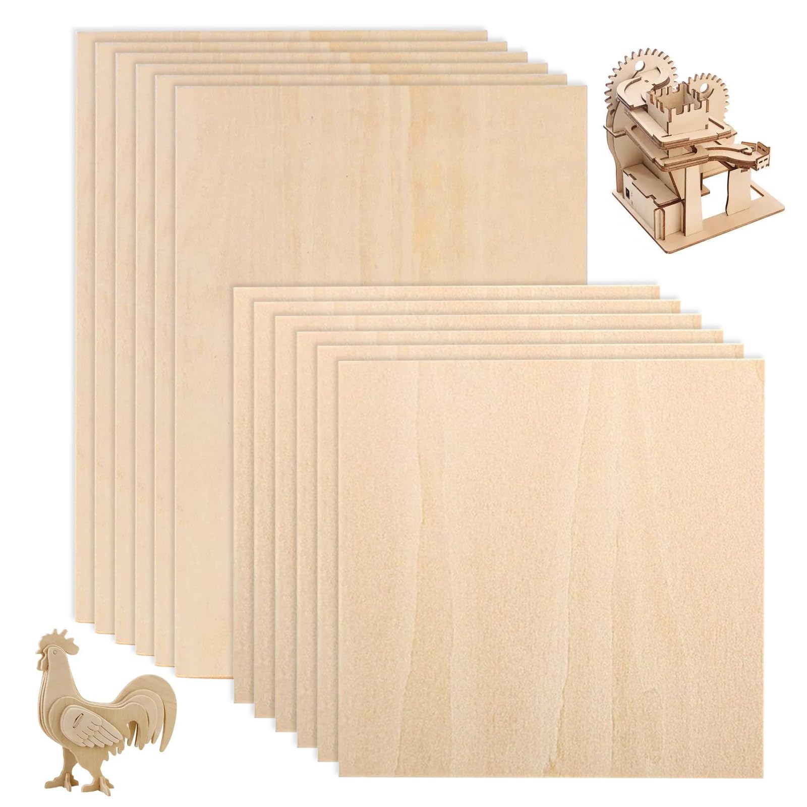 Basswood Sheets, 12 Pcs Blank Plywood Sheets 1.5mm Thin Craft Basswood Sheet Squares Board for Crafts Painting 200x100mm, 100x100mm