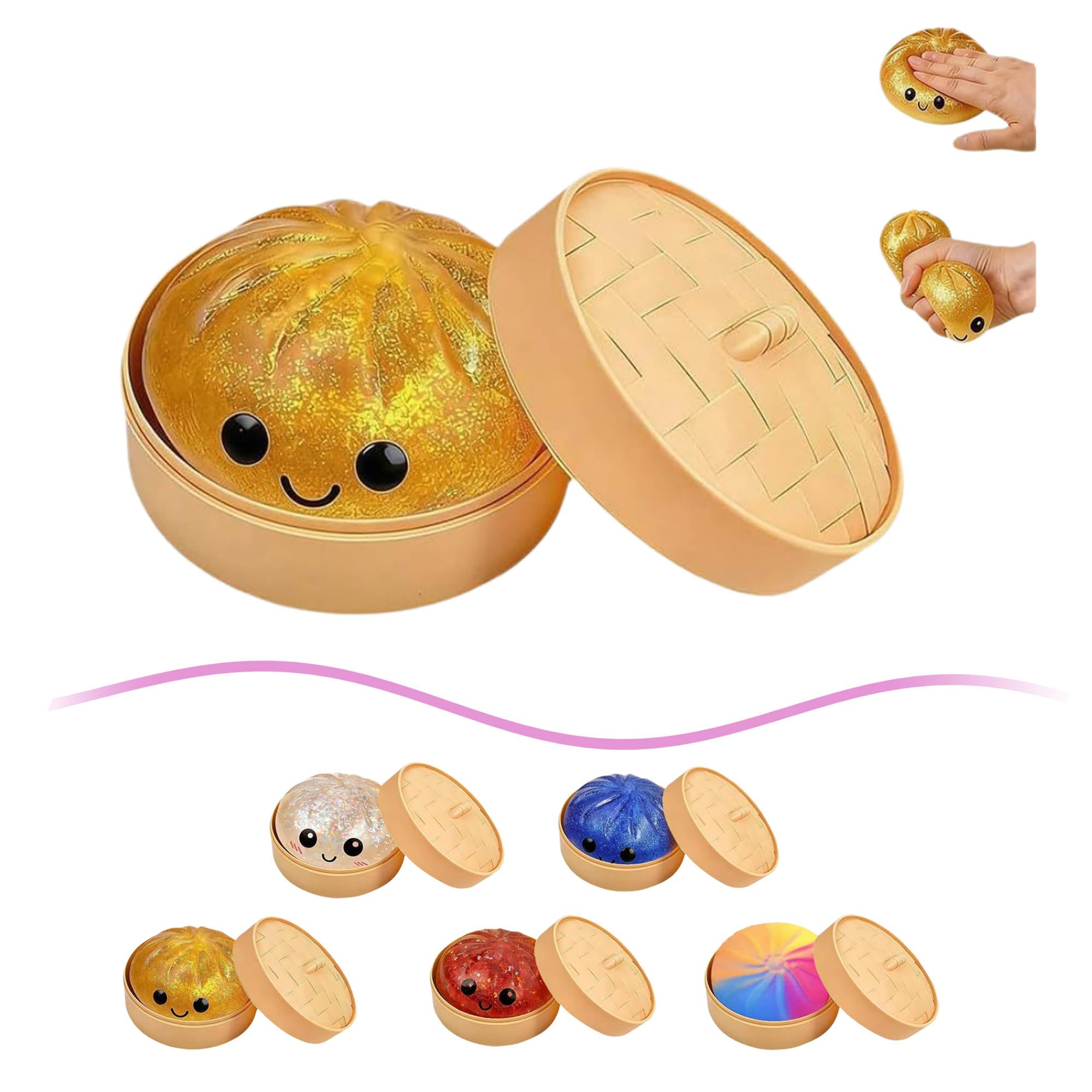 Mystery Dumpling Squishy, Squishy Dumpling Toy, Easter Basket Stuffers, Squeeze Dough Ball Stress Relief Hand Toys with Food Steamer Stretchy Desk Toys ﻿ ﻿ (A-Gold)