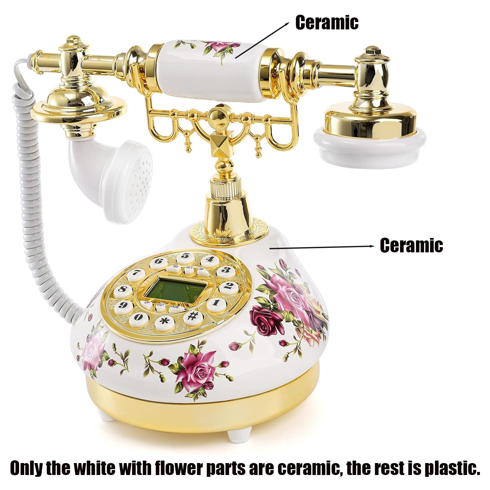 Cedilis Retro Vintage Landline Phone, Antique Ceramic Telephone with LCD, Old Fashioned Telephones with Push Button Dial for Home Decor