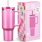 Hey, Stan 40 oz Tumbler with Handle and Straw | Insulated Cup Reusable Water Bottle Stainless Steel | Cupholder Friendly Travel Mug | Double Insulated Pink Water Bottle Tumbler | 40 oz Pink Tumbler