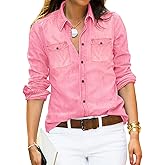 Vetinee Women's Button Down Denim Shirt Collared Casual Long Sleeve Pocket Tops