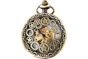 Avaner Steampunk Retro Half Hunter Copper Gear Skeleton Hand Wind Mechanical Roman/Arabic Numeral Analog Display Pocket Watch with 14" Chain