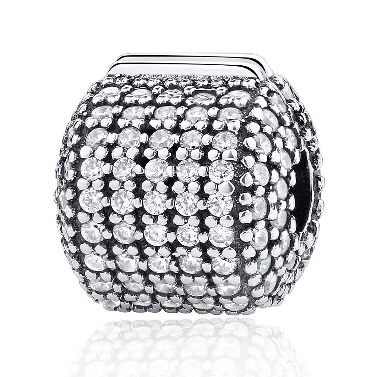 Flowers Charm 925 Sterling Silver Love Heart Clip Charm Stopper Charm Lock Charm Stopper Charms for Pandora Bracelets (Crystal Clip Charms)