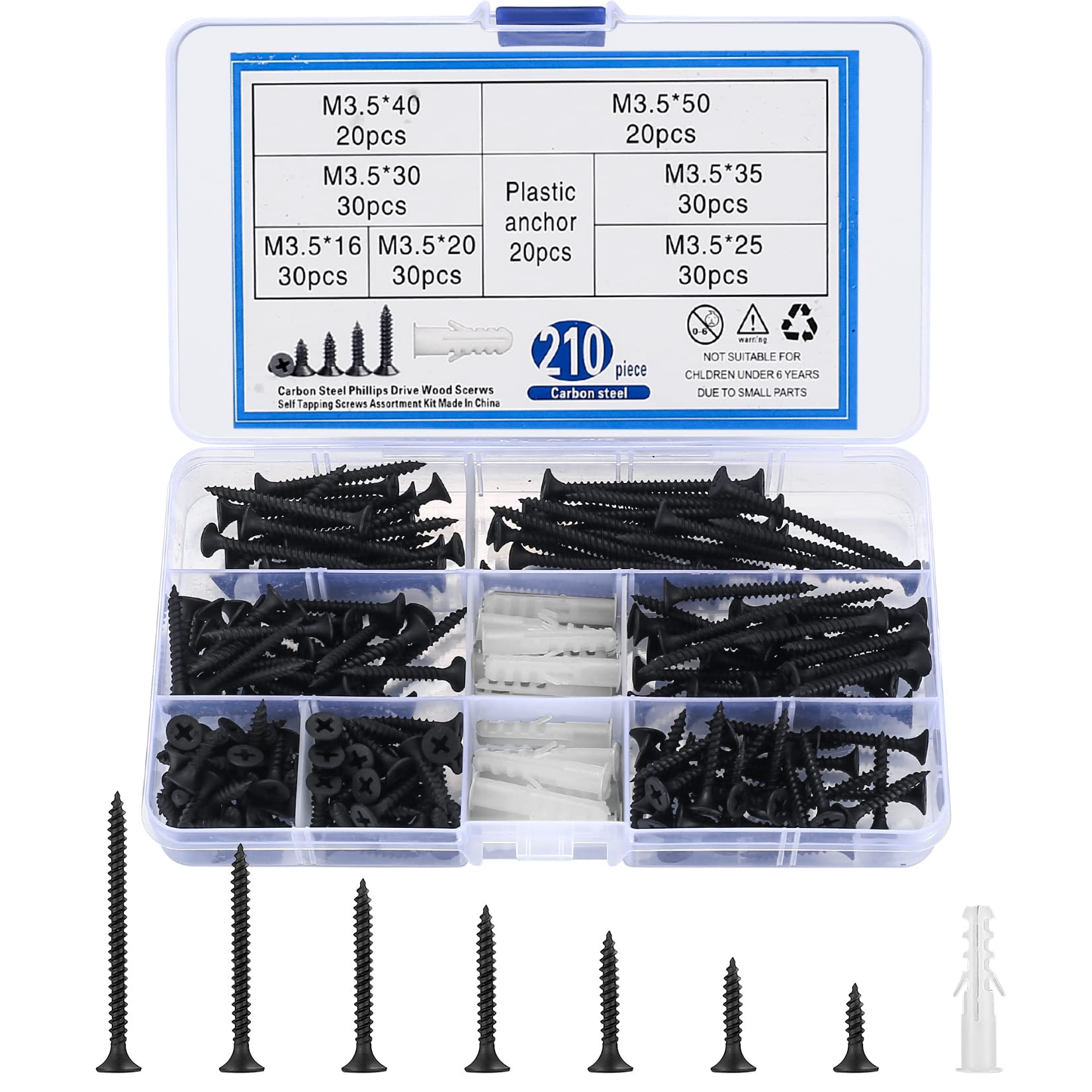 210 Pcs Self Tapping Wood Screws Assortment Set, M3.5 Black Cross Flat Round Head Drywall Plasterboard Screws, with Wall Plugs Anchors for Plasterboard, Drywall, Wood - 16/20/25/30/35/40/50 mm