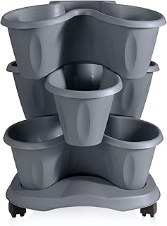 MamboCat Geranio Säulentopf Etagen Pflanzturm I stapelbare Pflanztöpfe auf Untersetzer mit Rollen I Kräuterturm I vertikaler Garten Outdoor I Kräutergarten für die Küche I Blumenständer grau