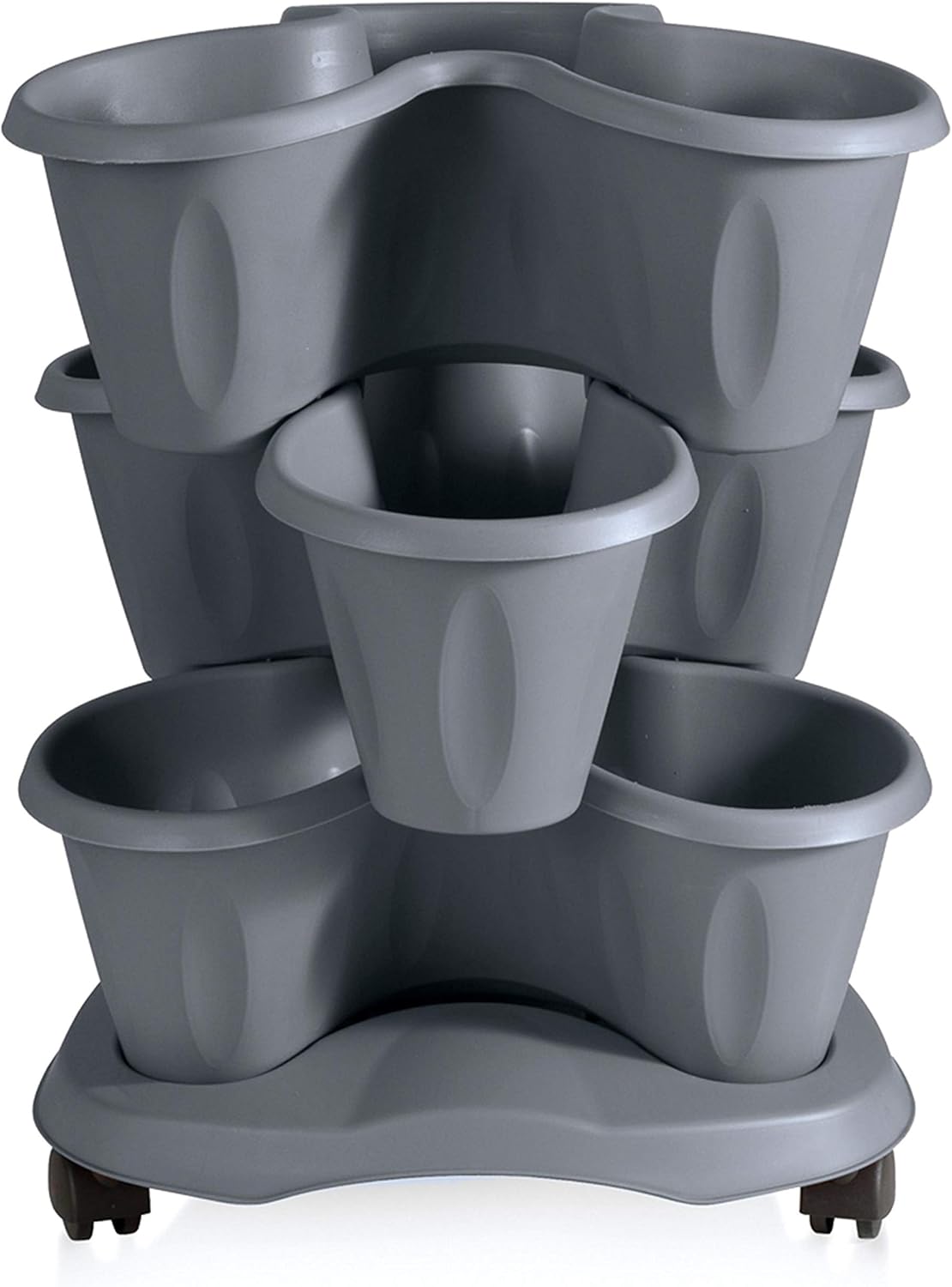 MamboCat Geranio Säulentopf Etagen Pflanzturm I stapelbare Pflanztöpfe auf Untersetzer mit Rollen I Kräuterturm I vertikaler Garten Outdoor I Kräutergarten für die Küche I Blumenständer grau
