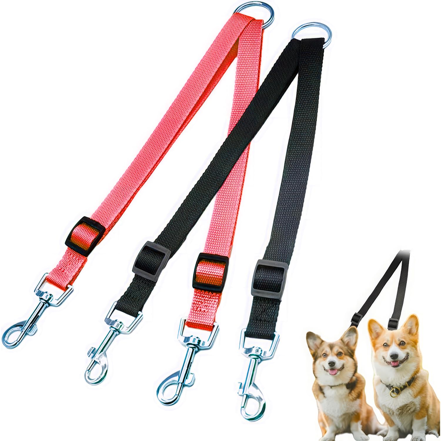 ZEACCT 2 Double Dog Lead, Adjustable Dog Lead Splitter,Nylon Double Dog Lead,for Puppy Walks, Easy to Use-Dog Leash Coupler, Lightweight Soft & Durable-(Red,Black.)