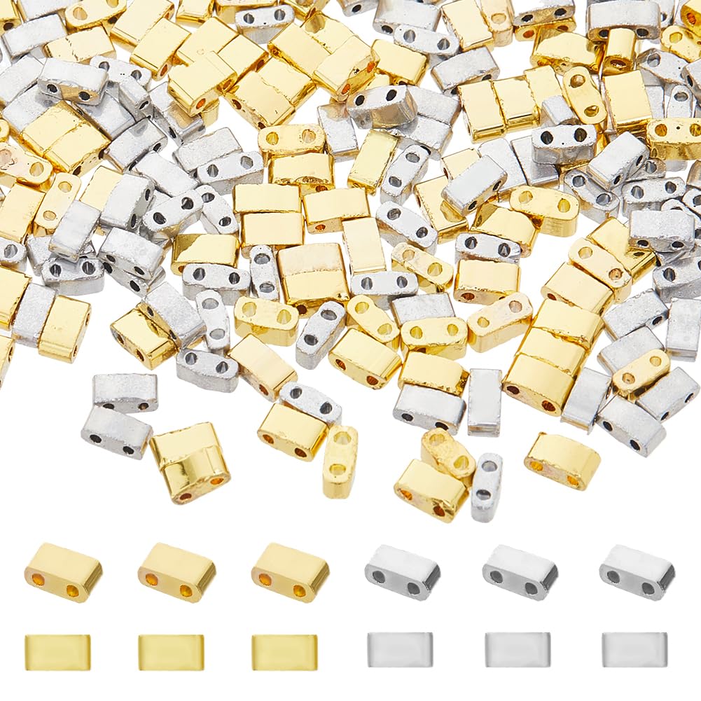 Hobbspring 300Pcs 2 Colors 2-Hole Glass Seed Beads Silver & Golden Glass Tila Beads Flat Rectangular Square Beads Tila Loose Spacer Beads for Necklace Bracelet Earring Jewelry Making