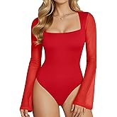 MANGOPOP Women's Square Neck Bell Sleeve Bodysuit Mesh Double Lined Body Suits Trend Going Out Tops Fall Outfits 2025
