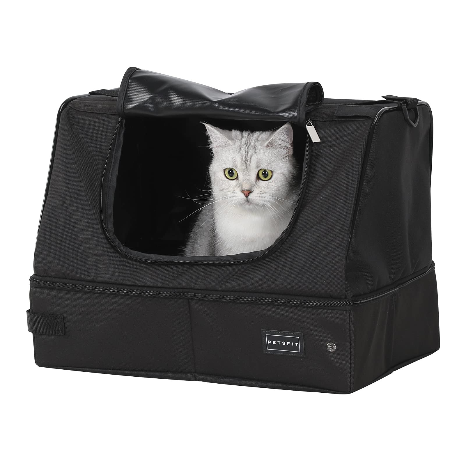 PETSFIT Portable Cat Litter Box - Removable and Washable 2-Layer Leak-Proof Lining, Scratch-Resistant Fabric with Sturdy Support Frame, Travel & Collapsible Cat Litter Box,Black