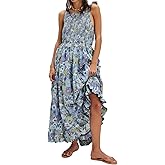 ABYOVRT Women Floral Maxi Dress Tie Shoulder Cutout Backless Boho Smocked Flowy Dresses Summer Fall Sundress