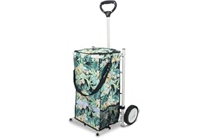 TMZ Heavy-Duty Foldable Shopping Cart with Removable Insulated Bag & Hooks - Lightweight 110 lbs Capacity Grocery Luggage Cart for Market, Travel, Laundry (Tropic Style)