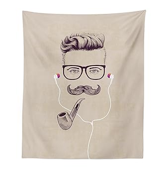 Lunarable Mustache Tapestry Sketched Hipster Guy Wearing Eyeglasses Smoking Pipe And Earphones Fabric Wall Hanging Decor For Bedroom Living Room