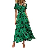 PRETTYGARDEN Women's Boho Floral Maxi Dress Summer Short Sleeve Wrap V Neck Long Flowy Beach Vacation Wedding Guest Dresses