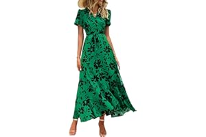 PRETTYGARDEN Women's Summer Wrap Maxi Dress Casual Boho Floral V Neck Short Sleeve Ruffle Hem Split Beach Long Dresses