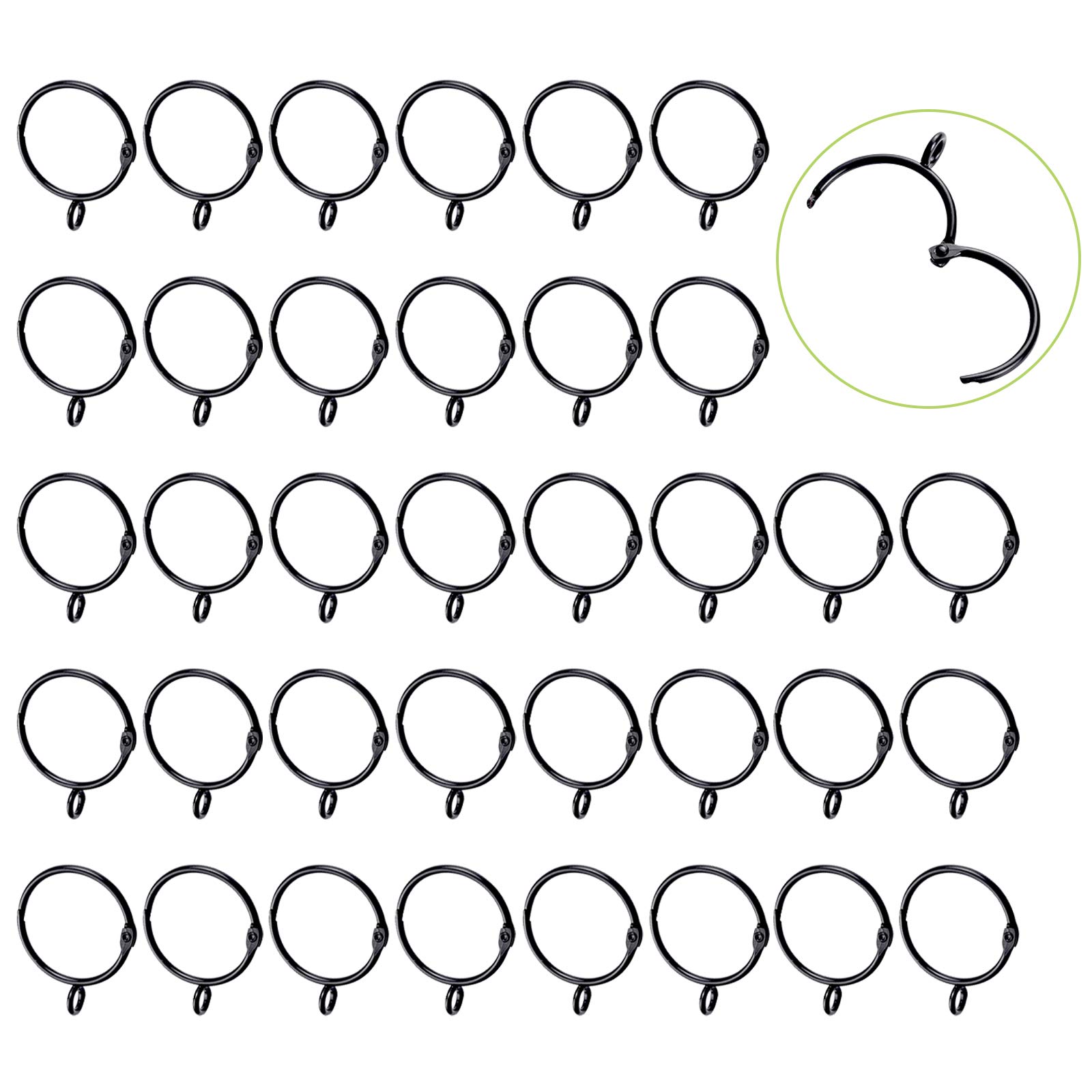 UFURMATE Curtain Ring, 36Pcs Metal Curtain Rings Black Openable Eyelet Drapery Rings Pole Hanging Rings Café Curtain Rings with Fixed Eyes for Roman Rod Voile Net, 38mm Internal Diameter