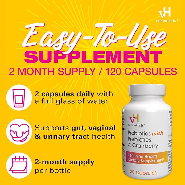 VH ESSENTIALS PROBIOTICS FOR WOMEN WITH PREBIOTICS, CRANBERRY & VITAMIN C – 120 CAPSULES (60 DAY SUPPLY) -PROBIOTICS SUPPORT GUT BALANCE, HEALTH & URINARY TRACT HEALTH FOR WOMEN
