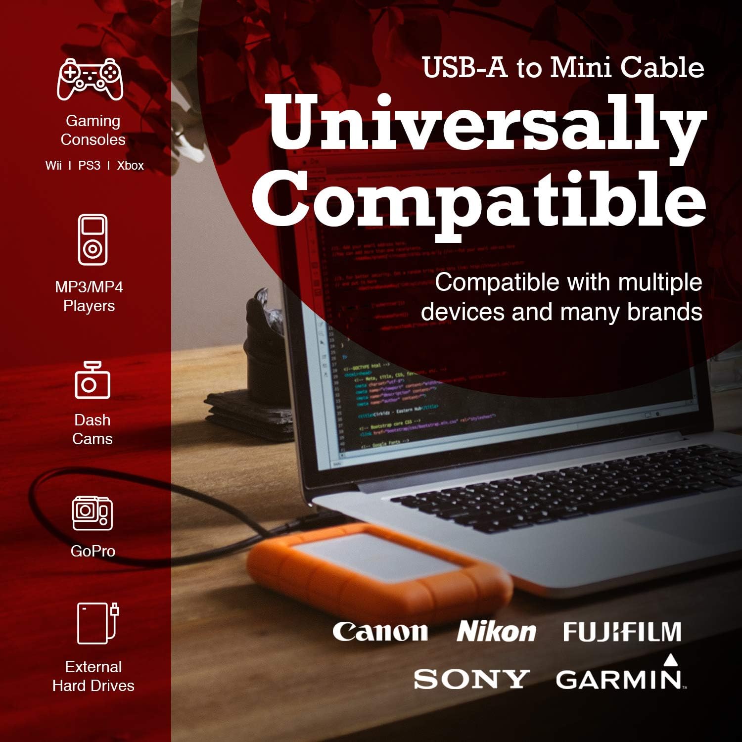 rhinocables USB to Mini B 5-Pin Cable, Black, 3m - Image 3