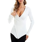 QUALFORT Women Fall Tops 2026 Sexy V-Neck Sweater Knit Wrap Tops for Women Slim Fit Pullover
