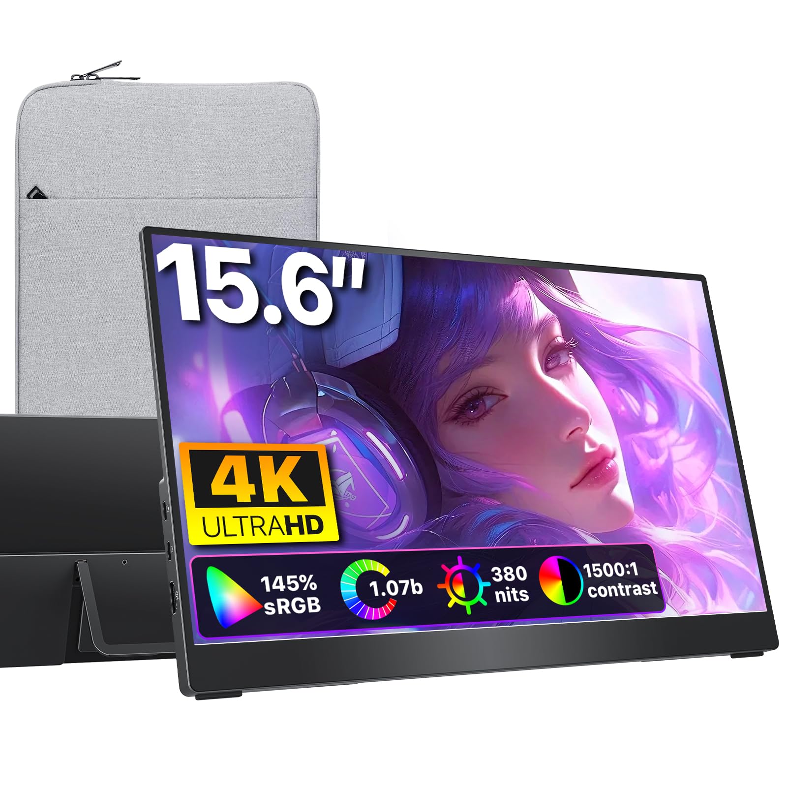 cocopar Portable Monitor 15.6 Inch 4K UHD 60Hz 145% sRGB Travel Monitor with Speaker HDMI USB-C Second Screen for Laptop MacBook Surface PC Xbox PS4/5, VESA Mountable, with Kickstand Image