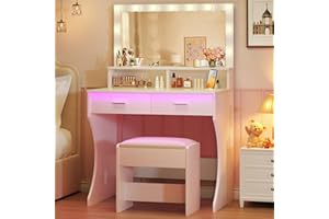 HUAHUU Small Vanity Desk with Mirror and Lights, White Makeup Vanity with Chair, RGB Vanity Table Set with 2 Drawers & Power Outlets & LED Strip, 3 Color Modes & Adjustable Brightness for Women Girls Bedroom