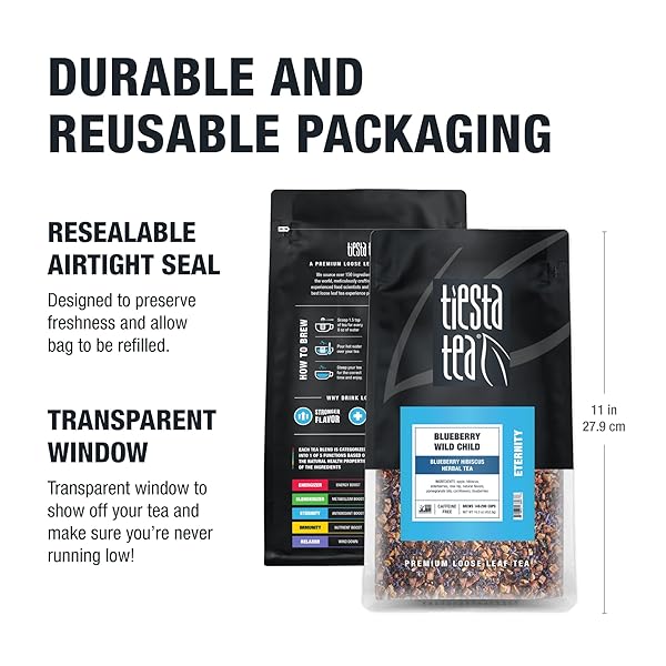 TIESTA TEA BLUEBERRY WILD CHILD, LOOSE LEAF, BLUEBERRY HIBISCUS HERBAL TEA, PREMIUM NON-CAFFEINATED BLEND, MAKE HOT OR ICED, BREWS UP TO 200 CUPS, 16 OUNCE RESEALABLE BULK POUCH